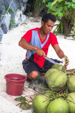 El Nido, Filipinler - 7 Kasım 2017: Adam taze hindistan cevizi kesiyor