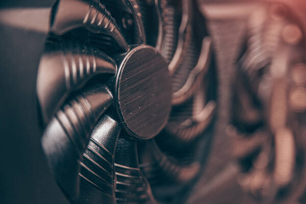 Cooling system closeup of powerful graphic card for computer gaming and mining