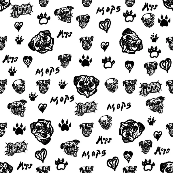 Doodle Mops pies wzór. Mopy czarno-białe — Wektor stockowy