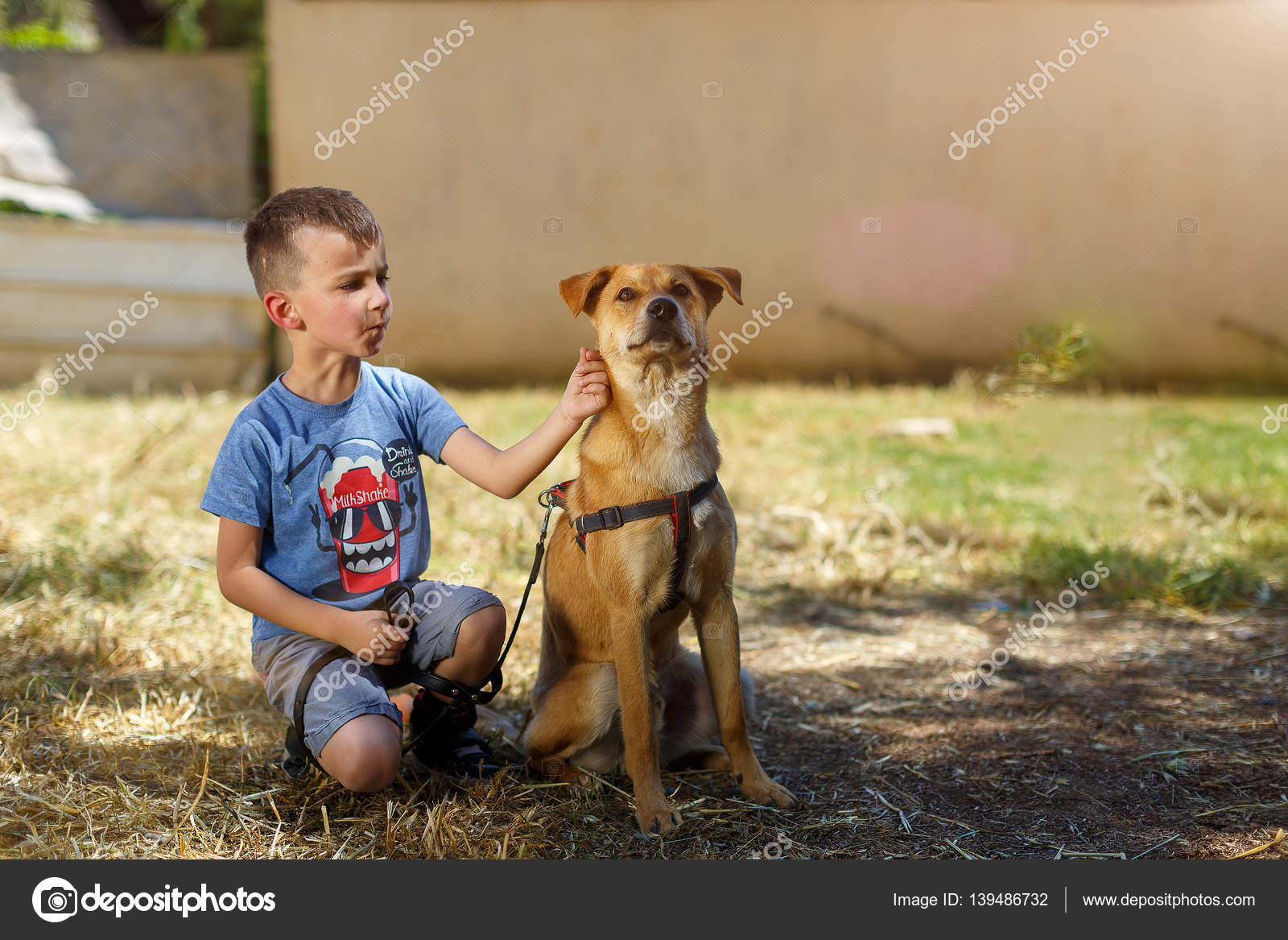 Niño ocho años de jugar con el perro — Foto de stock #139486732