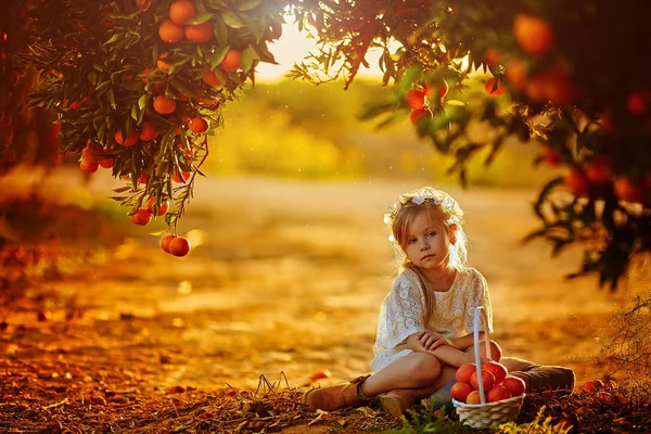 Petite fille mignonne dans le jardin orange — Photo