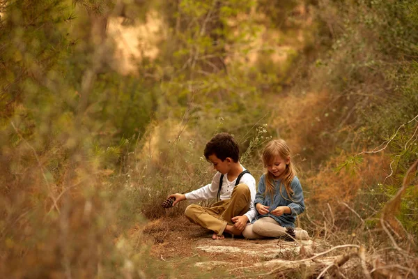 Niño y niña jugar en otoño hojas de otoño —  Fotos de Stock