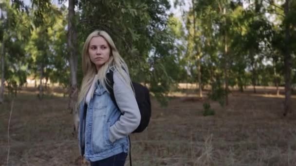 Filmiska dolly skott av attraktiva kvinna gå genom fältet i slutet av hösten — Stockvideo