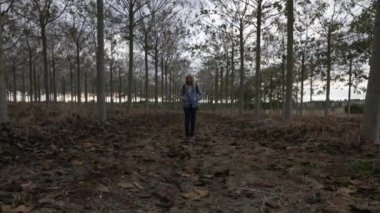 Ormanda yürüyen güzel beyaz kadın. Macera, seyahat, turizm ve eğlence kavramı