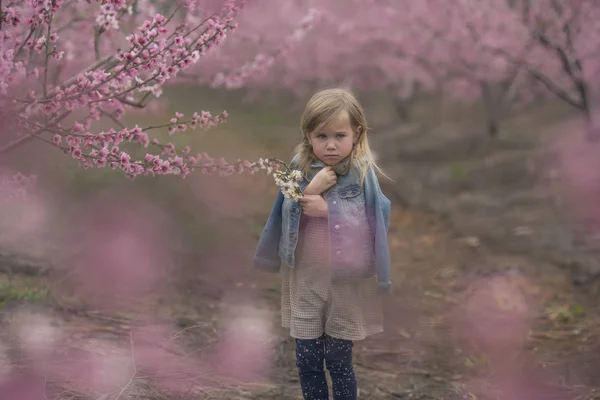 Malá holčička, zmrazené v silném větru, stojící v džínové bundě — Stock fotografie