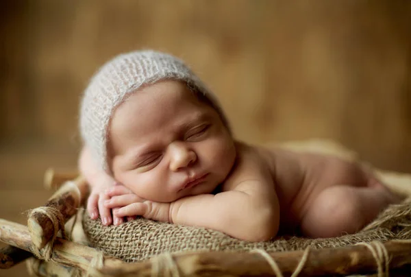 かごの中の毛皮で眠っている新生児の赤ちゃん — ストック写真