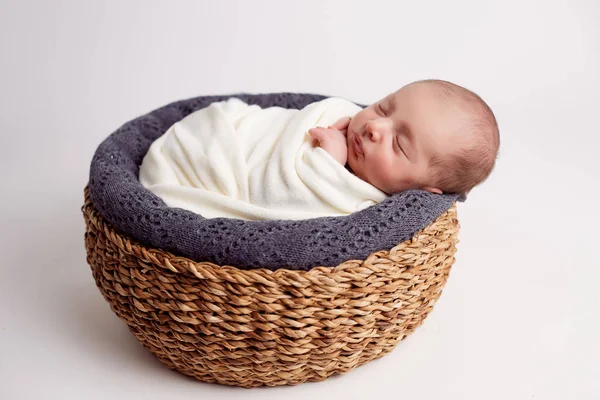 かごの中の毛皮で眠っている新生児の赤ちゃん — ストック写真