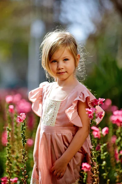 Porträtt av en flicka i blommor. En blond tjej i en rosa klänning med ett hjärta är nära grenar av en blommande äppelträd. Våren porträtt av barn — Stockfoto