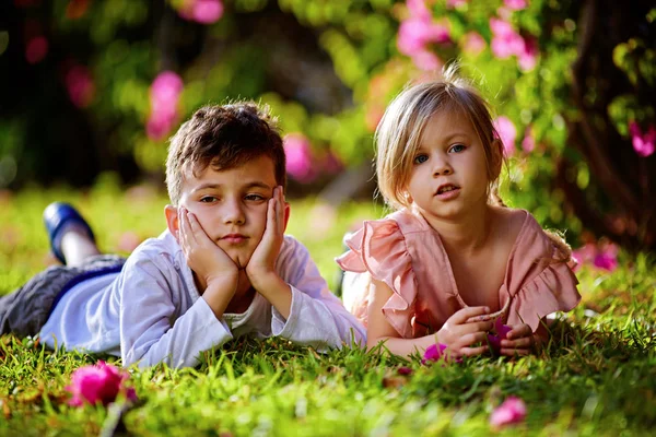 Niños, niños y niñas jugando, bromeando, acaparando y divirtiéndose al atardecer en el parque en la hierba verde. Juegos para niños, ocio . — Foto de Stock