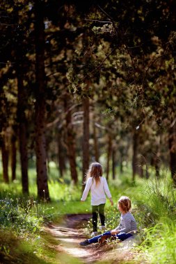 iki küçük kız büyük bir günlük bir ormanda oturan