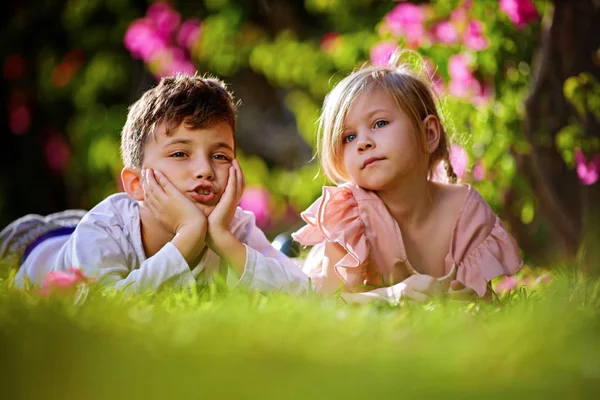 Παιδιά, το αγόρι και το κορίτσι παίζει, αστειεύεται, hogging και να διασκεδάζουν στο ηλιοβασίλεμα στο πάρκο στο καταπράσινο γρασίδι. Παιχνίδια για παιδιά, ελεύθερος χρόνος — Φωτογραφία Αρχείου