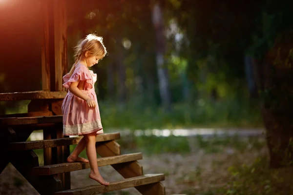 Egy rózsaszín ruhás fahíd kislány, — Stock Fotó