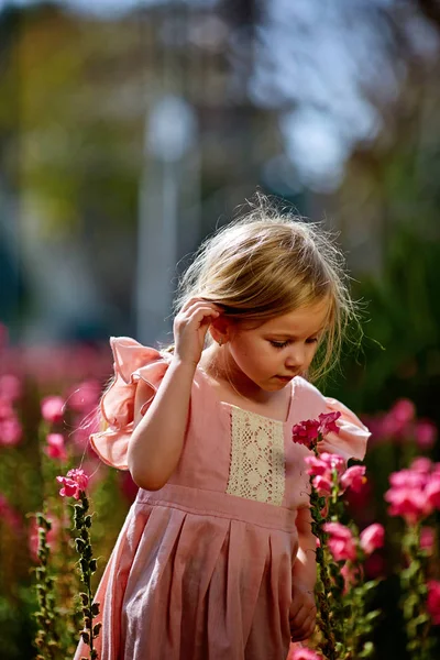 Blond flicka med flätor i en rosa klänning bland vackra blommor — Stockfoto