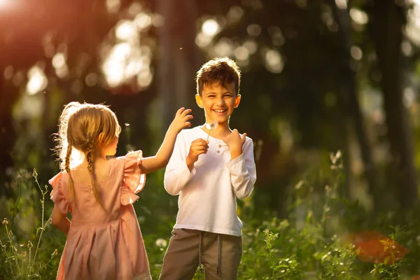 Bambini felici, fratelli e sorelle, ridendo ragazzo adolescente, bambino piccolo e una ragazza riccia divertente che gioca insieme con i fiori in un giardino soleggiato del loro cortile in una calda giornata di sole — Foto Stock