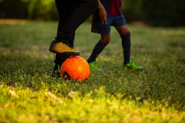 Dois meninos se divertindo jogando um jogo de futebol no dia ensolarado de verão — Fotografia de Stock