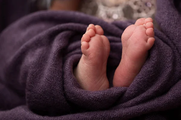 赤ちゃんの足の紫色のタオルで折り畳まれた。選択的焦点 — ストック写真