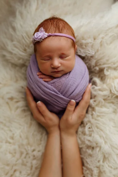 Newborn baby girl is sleeping in a cocoon pose in his mothers arms. The concept of safety and happiness — ストック写真