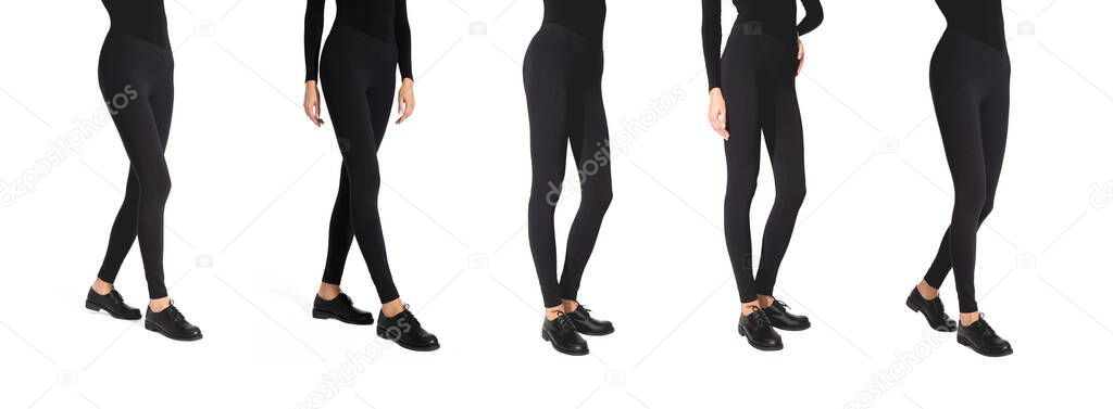Set of woman wear black blank leggings mockup, isolated, clipping path. Women in clear leggins template. Sport pantaloons stretch tights model wearing. Slim legs in apparel.