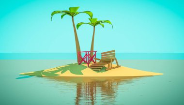 Plaj şezlong palmiye ağacının altında. 3D illüstrasyon karikatür