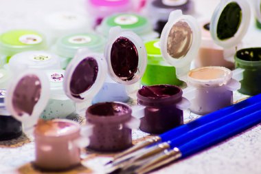 Çalışma alanı. Sanat albümü, suluboya boya fırçalar ve kalemler.