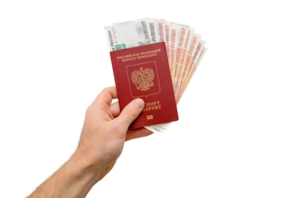 Russische paspoort, geld in mannenhand — Stockfoto