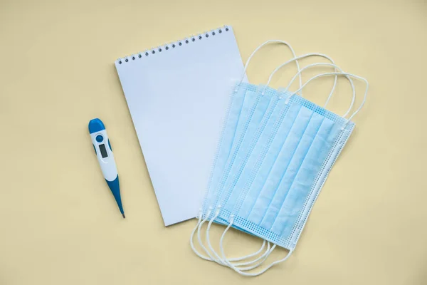 Flat Lay Medical Mask Antimicrobial Hand Spray Notebook — Stock Photo, Image