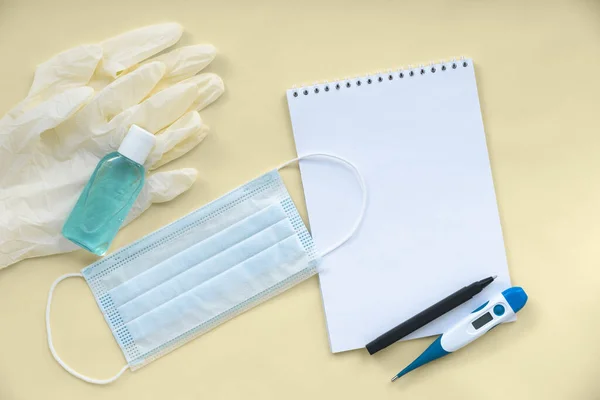 Medical Gloves Antiseptic Protective Mask Blank Sheet Notepad Empty Space — Stock Photo, Image