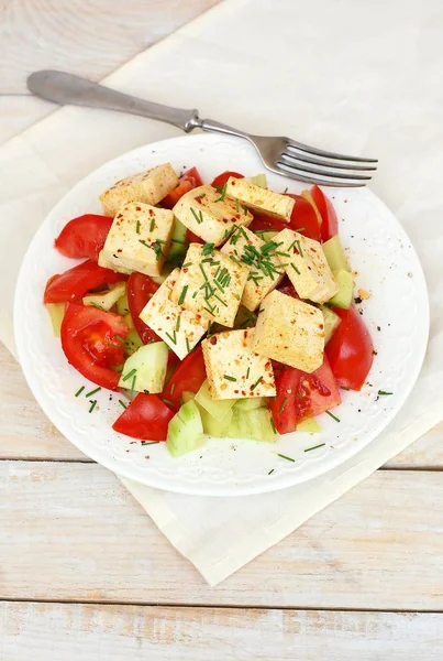 从蔬菜、 西红柿、 黄瓜、 青椒、 豆腐、 韭菜和橄榄油的健康素食沙拉 — 图库照片