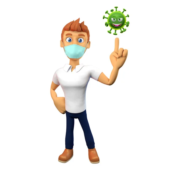 3D漫画のキャラクターはコロナウイルスを指す — ストック写真