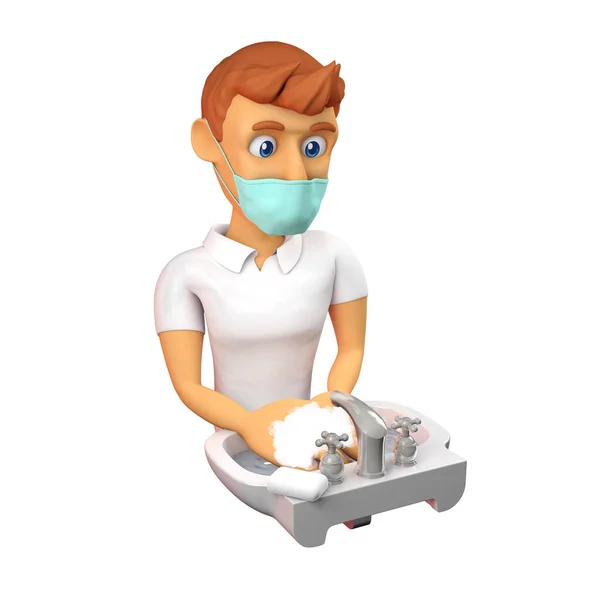 3 Boyutlu Çizgi Film Karakteri Maskeli Yıkanan Elleri Sabunla Yıkama