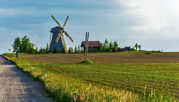 Самотній вітряк і фермерський будинок стоїть серед поля — стокове фото