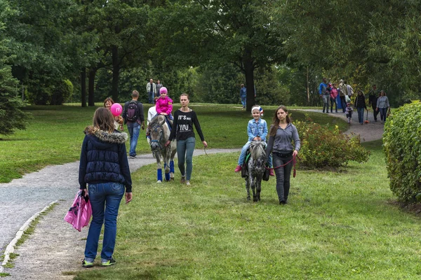 Kinderen rijden op een paard in het stadspark — Stockfoto