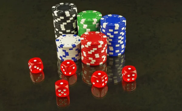 Op het glasoppervlak zijn erkend en rode dice poker — Stockfoto