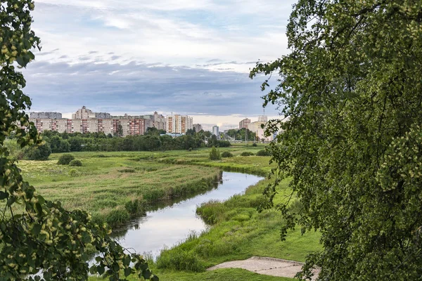 Eine grüne Wiese mit einem kleinen Fluss ist am Stadtrand zu sehen. — Stockfoto