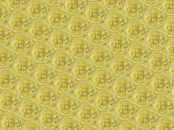 Monedas de oro del Bitcoin a través de la superficie de la imagen —  Fotos de Stock