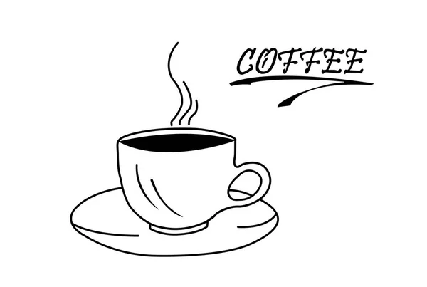 Горячая чашка кофе на блюдце и надпись, белая спина — стоковое фото