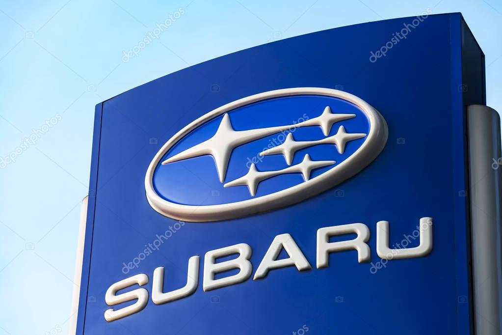 Belarus, Minsk-September 09, 2017: Stand with logo and name of Subaru Corporation automotive company. The company was founded in 1954.