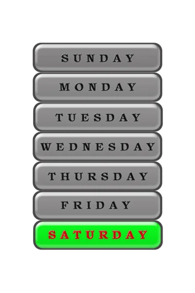 In the days of the week list, Saturday is highlighted in red on — Stock Photo, Image