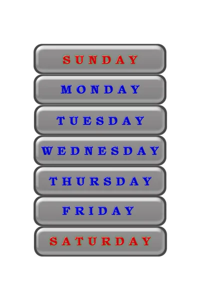I listan över veckodagar markerade söndag och lördagen i rött — Stockfoto