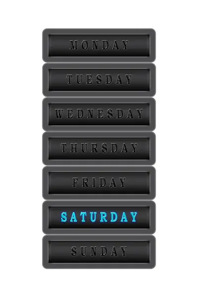 In the days of the week list, Saturday is highlighted in blue on — Stock Photo, Image