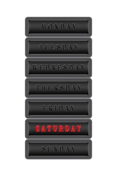 In the days of the week list, Saturday is highlighted in red on — Stock Photo, Image
