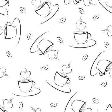 Kahve, çay fincanı ve kalple kusursuz desen. Modern gündelik