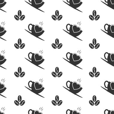 Kahve fincanı, kahve çekirdeği ve kalple kusursuz desen.