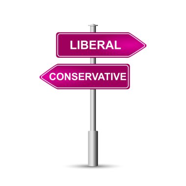 Bir direkte, üzerinde Liberal ve Konservat yazan bir tabela.