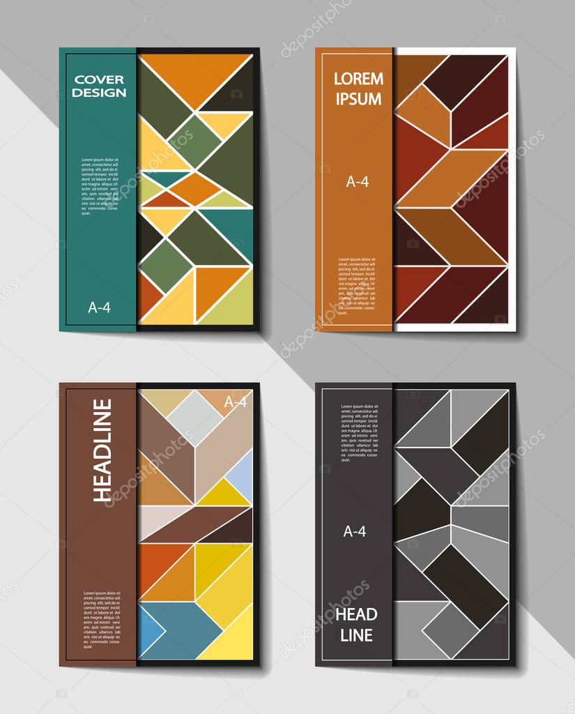 Set of editable layouts for A4 cover with abstract geometric pat