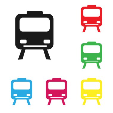 Elektrikli tren ikonu. Bir dizi renkli elektrikli trai silueti.