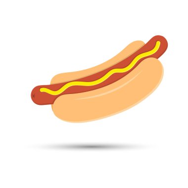 Çörekte hardal olan renkli sosis ikonu. Beyazda izole edilmiş