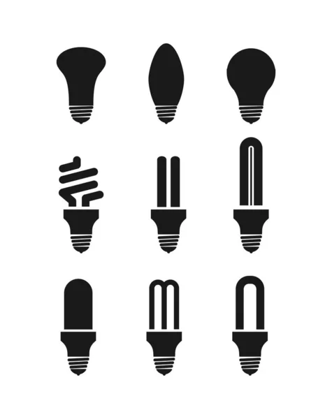 Набір силуетів освітлювальних ламп. Лампа розжарювання, світлодіодний лам — стоковий вектор