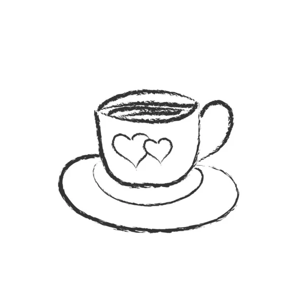 Disegno a matita vettoriale di una tazza di caffè o tè con un cuore acceso — Vettoriale Stock