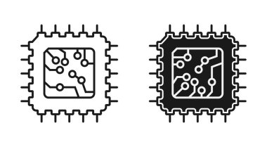 Çip simgesi. Elektronik aletin çipi. Boş ve dolgun hatlar. Basit düz tasarım